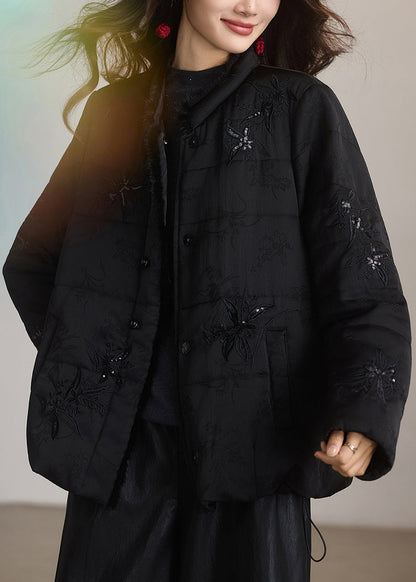 Style Black Embroidered Jacquard Fine Cotton Filled Puffers Jackets Winter