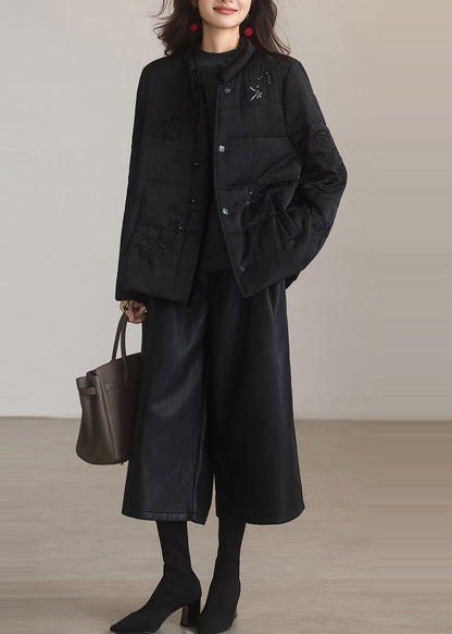 Style Black Embroidered Jacquard Fine Cotton Filled Puffers Jackets Winter