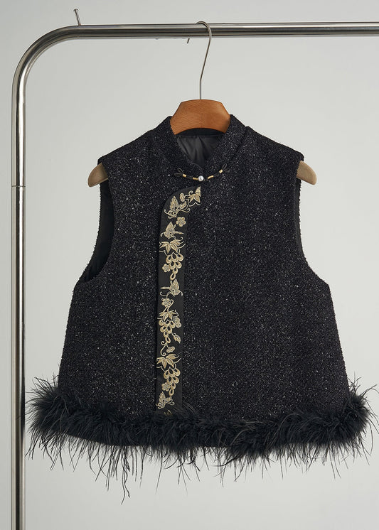 Style Black Embroidered Patchwork Feather Woolen Vests Fall