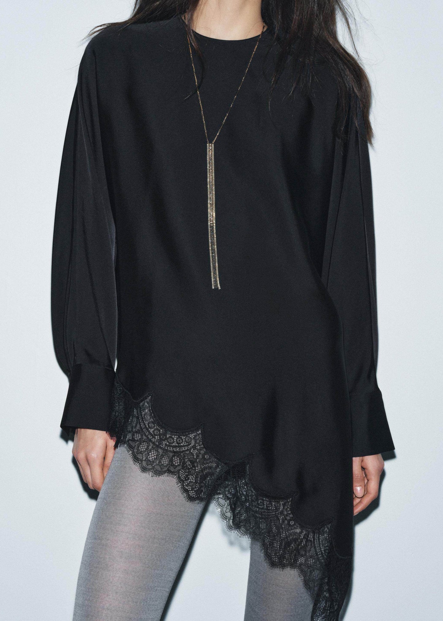 Style Black O Neck Lace Asymmetrical Patchwork Silk Shirts Long Sleeve