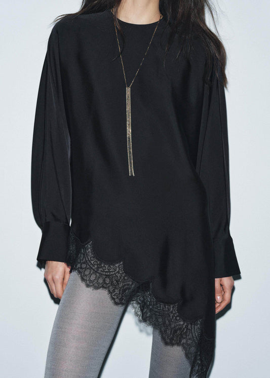 Style Black O Neck Lace Asymmetrical Patchwork Silk Shirts Long Sleeve