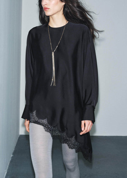 Style Black O Neck Lace Asymmetrical Patchwork Silk Shirts Long Sleeve