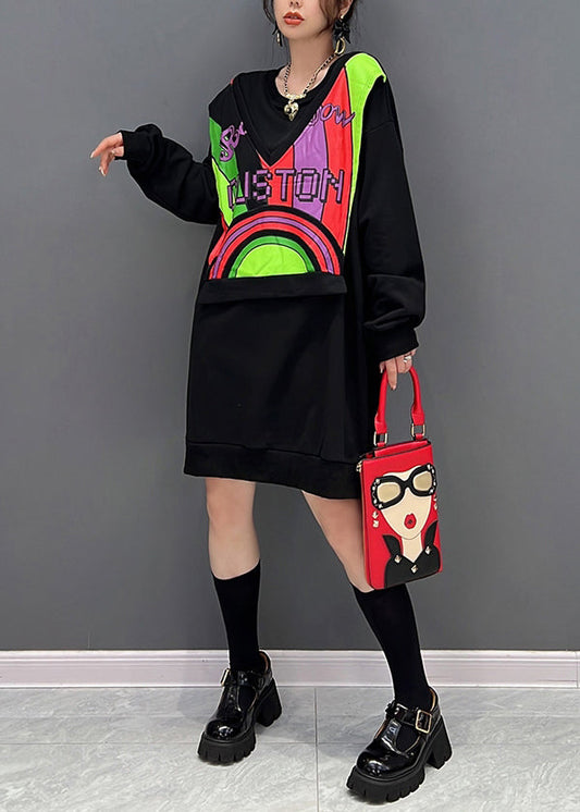 Stil Schwarz O-Ausschnitt Patchwork Gefälschte Zwei Stücke Baumwolle Mid Kleider Herbst