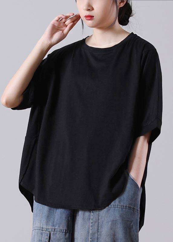Style Black O-Neck low high design Cotton Summer Tees - SooLinen