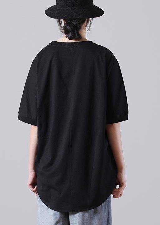 Style Black O-Neck low high design Cotton Summer Tees - SooLinen