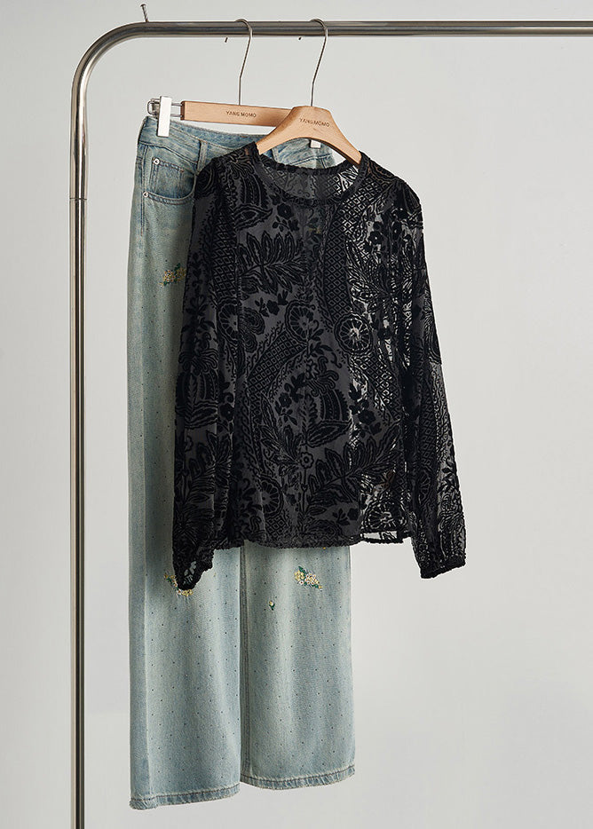 Schwarze, übergroße Blusen aus Jacquard-Seidenvelours – Frühlingsmode