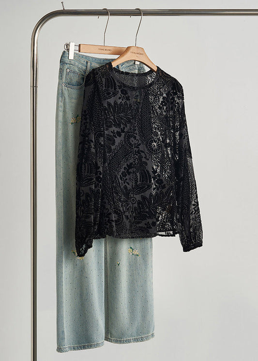 Blusas de terciopelo de seda jacquard de gran tamaño negras de estilo primavera