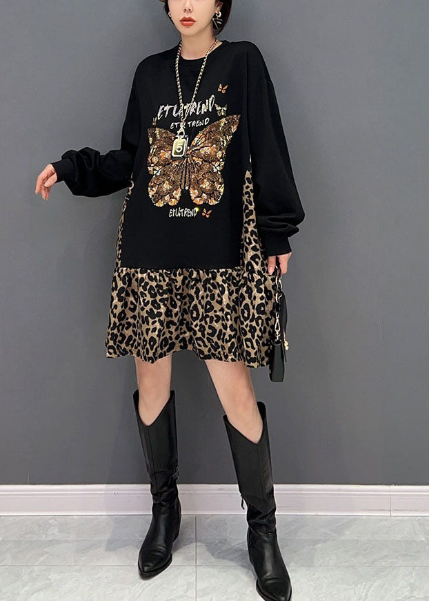 Stil Schwarz Übergroßen Patchwork Leopard Baumwolle Sweatshirt Kleid Frühling
