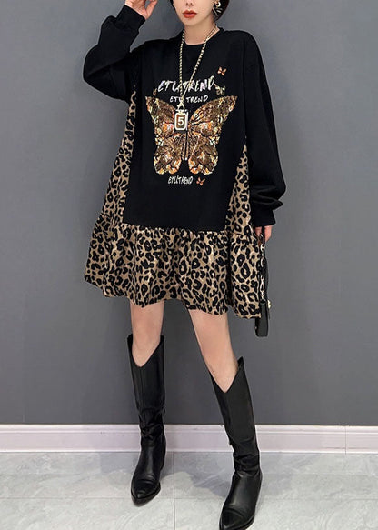 Stil Schwarz Übergroßen Patchwork Leopard Baumwolle Sweatshirt Kleid Frühling