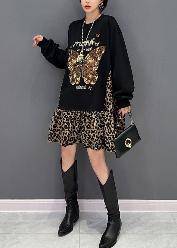 Stil Schwarz Übergroßen Patchwork Leopard Baumwolle Sweatshirt Kleid Frühling