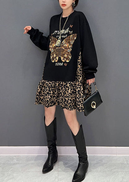 Stil Schwarz Übergroßen Patchwork Leopard Baumwolle Sweatshirt Kleid Frühling