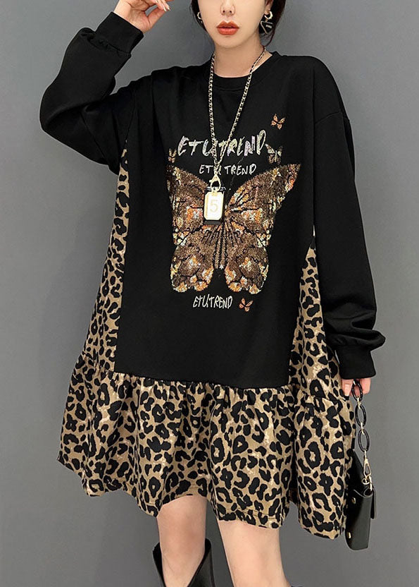 Stil Schwarz Übergroßen Patchwork Leopard Baumwolle Sweatshirt Kleid Frühling