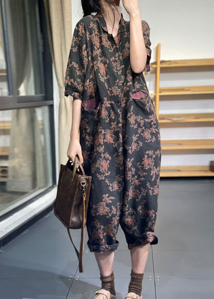 Style Schwarzer Oversize-Overall aus Leinen mit Print und halben Ärmeln