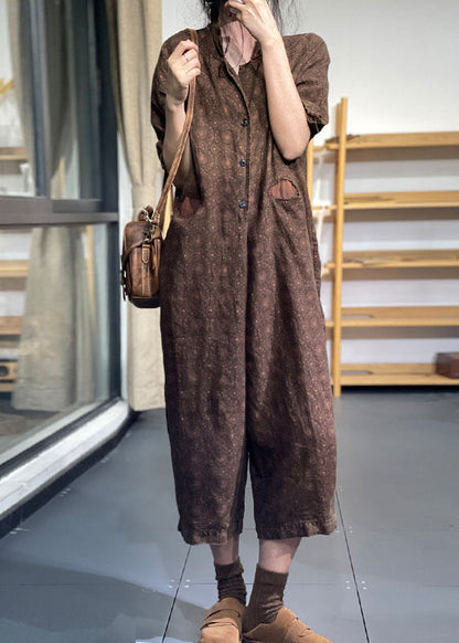 Style Schwarzer Oversize-Overall aus Leinen mit Print und halben Ärmeln
