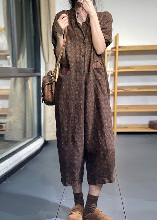 Style Schwarzer Oversize-Overall aus Leinen mit Print und halben Ärmeln