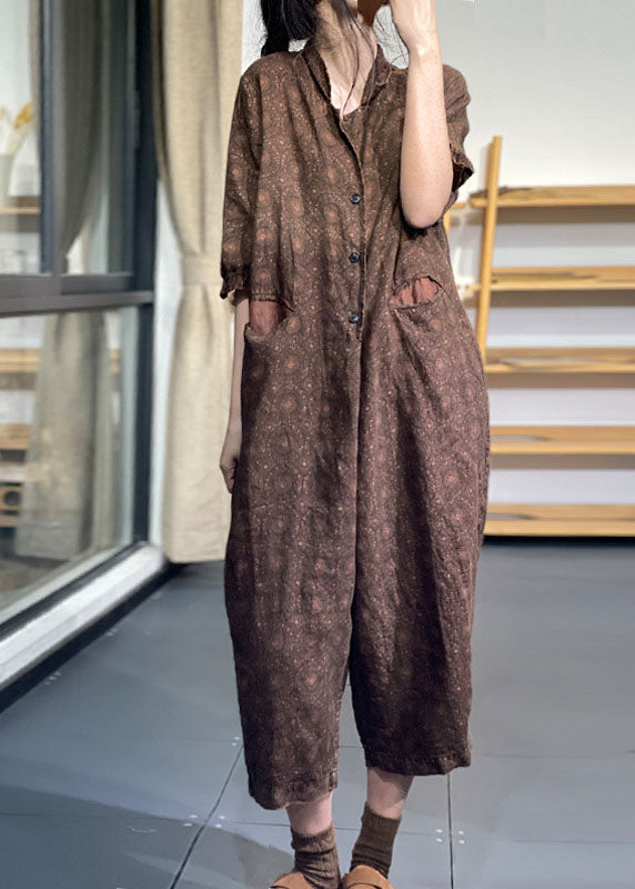 Style Schwarzer Oversize-Overall aus Leinen mit Print und halben Ärmeln