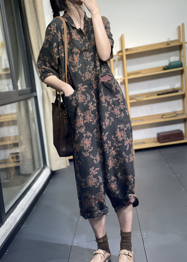 Style Schwarzer Oversize-Overall aus Leinen mit Print und halben Ärmeln