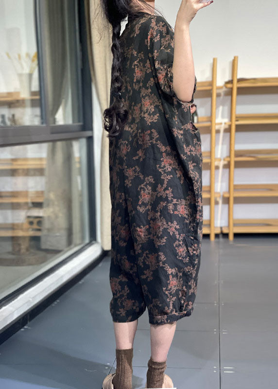 Style Schwarzer Oversize-Overall aus Leinen mit Print und halben Ärmeln