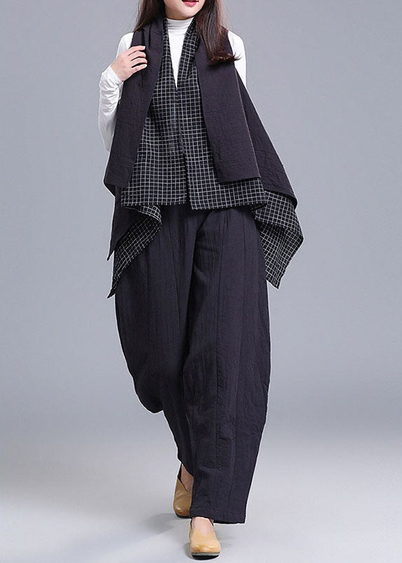 Stil Schwarze Patchwork-Taschen asymmetrisches Design Herbst Ärmellose Weste + Hose Zweiteiliges Set