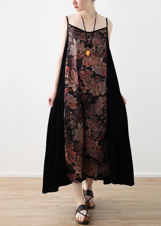 Style Black Patchwork Print A Line Camisole Sundress - SooLinen