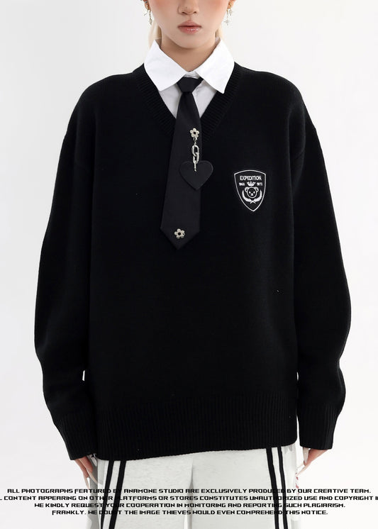 Schwarzes Patchwork-Strickhemd mit Peter-Pan-Kragen, Fake-Zweiteiler, Winter