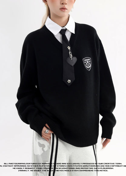 Schwarzes Patchwork-Strickhemd mit Peter-Pan-Kragen, Fake-Zweiteiler, Winter