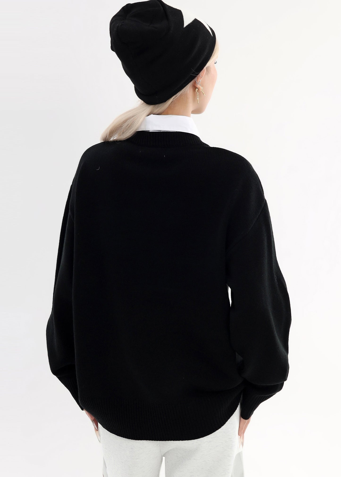 Schwarzes Patchwork-Strickhemd mit Peter-Pan-Kragen, Fake-Zweiteiler, Winter