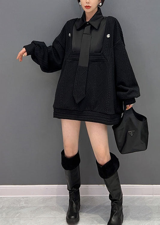 Stil Schwarz Peter Pan Kragen Patchwork Stricken Gefälschte Zwei Stück Pullover Winter