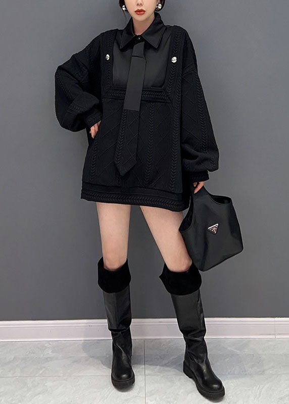 Stil Schwarz Peter Pan Kragen Patchwork Stricken Gefälschte Zwei Stück Pullover Winter