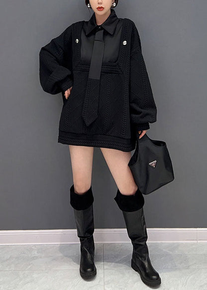 Stil Schwarz Peter Pan Kragen Patchwork Stricken Gefälschte Zwei Stück Pullover Winter