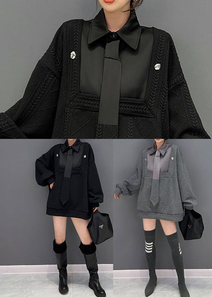 Stil Schwarz Peter Pan Kragen Patchwork Stricken Gefälschte Zwei Stück Pullover Winter