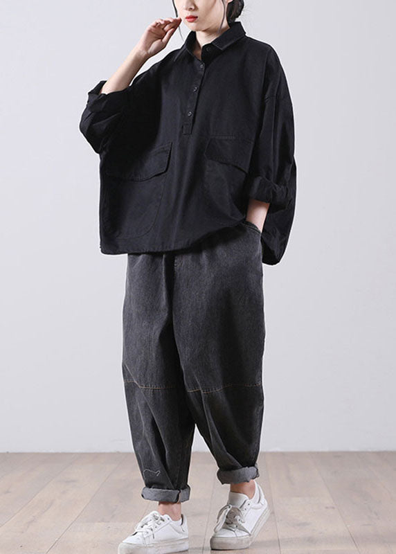 Stil Schwarz PeterPan Kragen Taschen Knopf Herbst Shirts Langarm