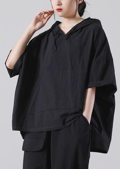 Style Black Pockets Loose Cotton Blouse Top Summer - SooLinen