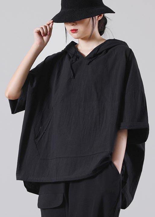 Style Black Pockets Loose Cotton Blouse Top Summer - SooLinen