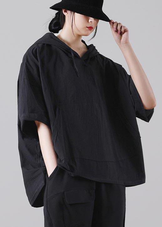 Style Black Pockets Loose Cotton Blouse Top Summer - SooLinen