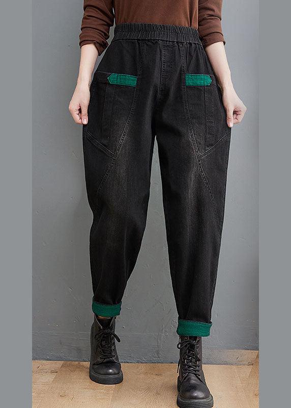 Stil Schwarze Taschen Patchwork Denim Hose Frühling