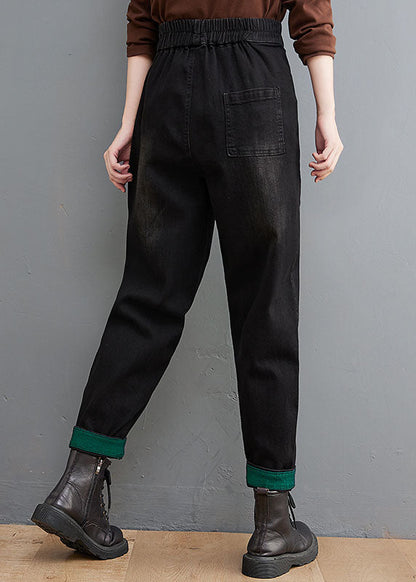 Stil Schwarze Taschen Patchwork Denim Hose Frühling