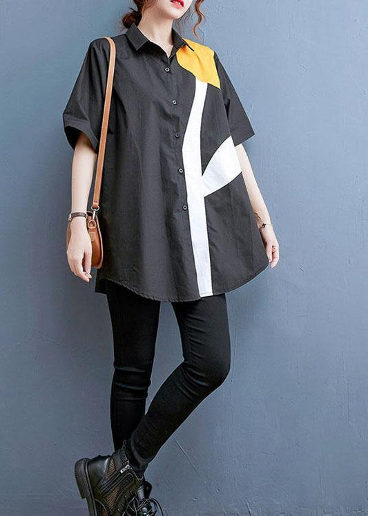 Style Black Print Peter Pan Collar Cotton Top Summer - SooLinen