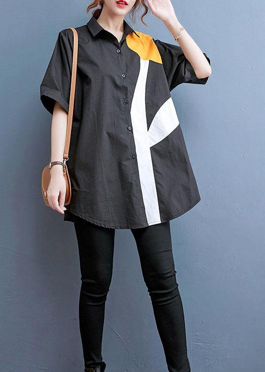 Style Black Print Peter Pan Collar Cotton Top Summer - SooLinen