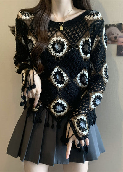 Style Black Print Tassel Knit Top Flare Sleeve