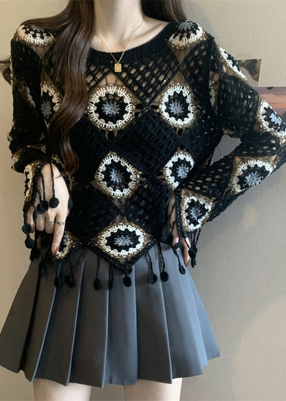Style Black Print Tassel Knit Top Flare Sleeve