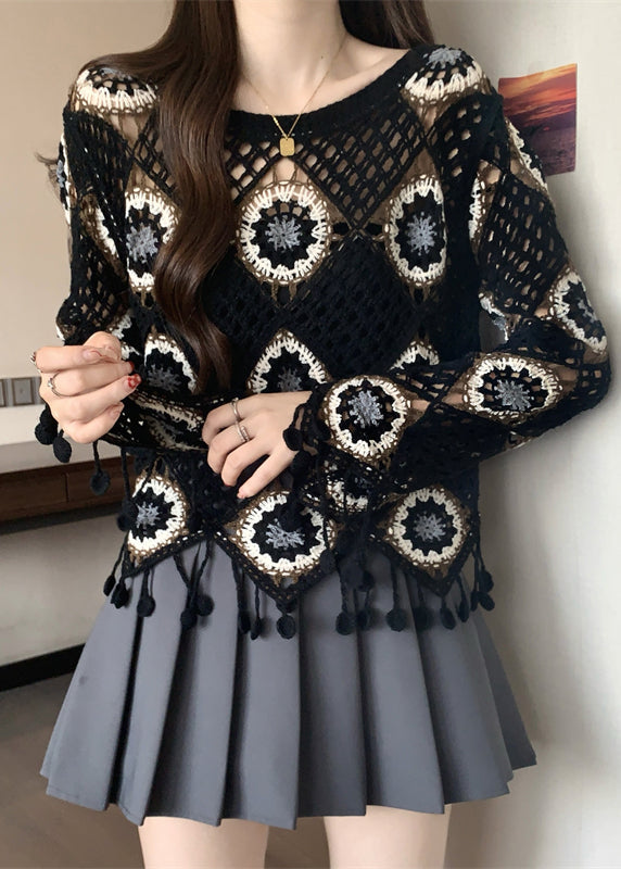 Style Black Print Tassel Knit Top Flare Sleeve