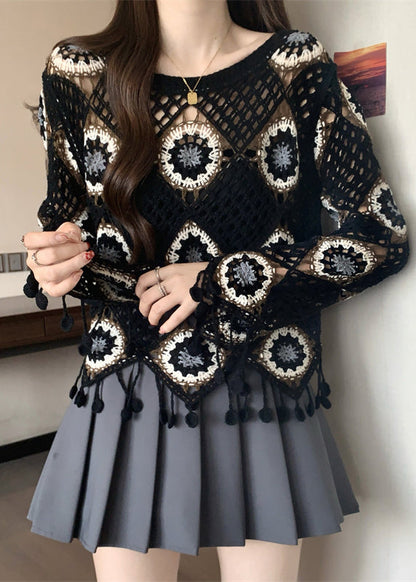 Style Black Print Tassel Knit Top Flare Sleeve
