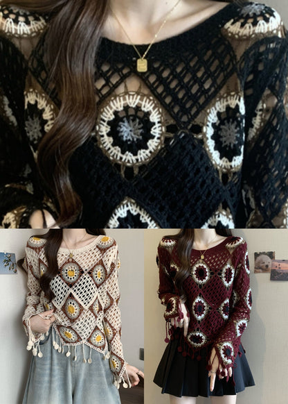 Style Black Print Tassel Knit Top Flare Sleeve