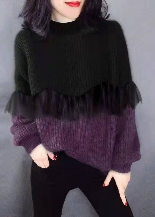 Stil Schwarz Lila mode O-Ausschnitt Patchwork Herbst gestrickte Pullover