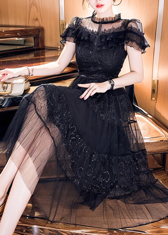 Style Black Ruffled Embroidered Patchwork Tulle Dress Summer