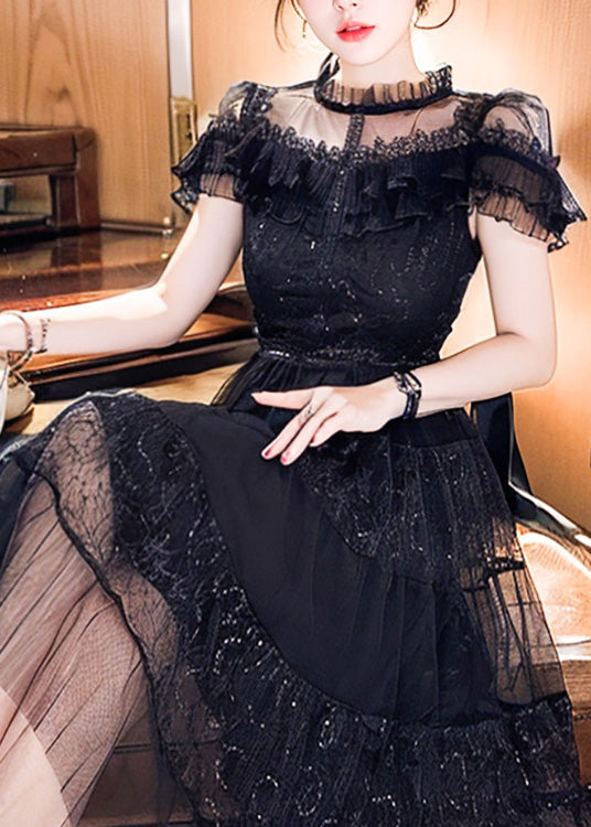Style Black Ruffled Embroidered Patchwork Tulle Dress Summer