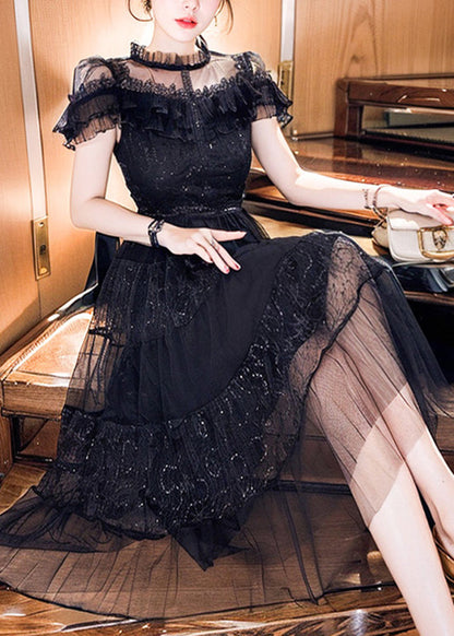 Style Black Ruffled Embroidered Patchwork Tulle Dress Summer