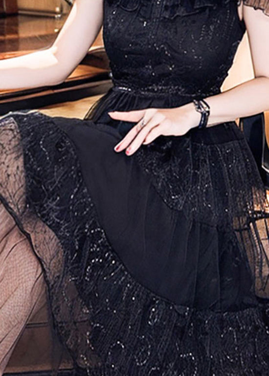 Style Black Ruffled Embroidered Patchwork Tulle Dress Summer