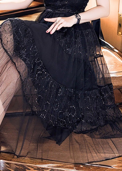 Style Black Ruffled Embroidered Patchwork Tulle Dress Summer
